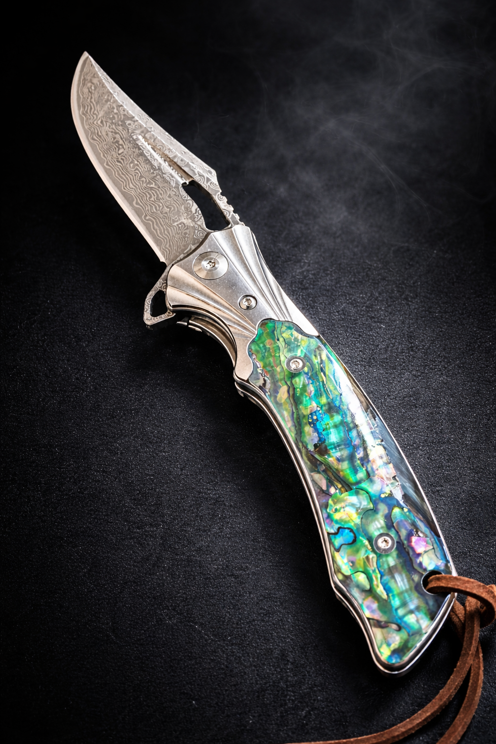 Hometown Knives Damascus Folding Knife with lanyard