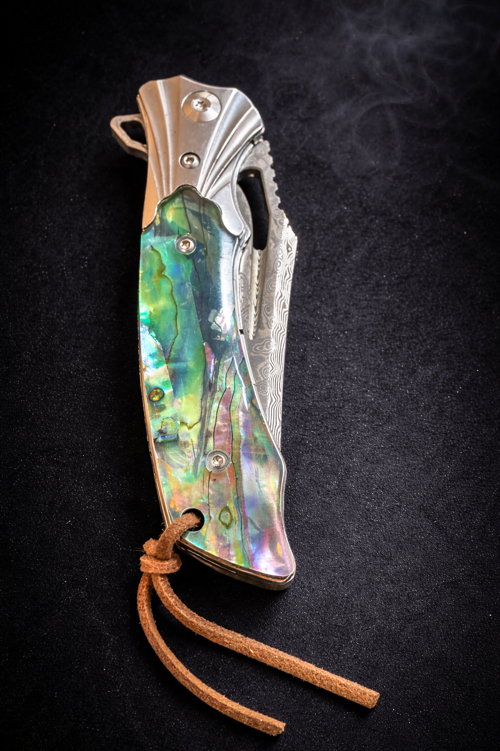 Hometown Knives Damascus Folding Knife with lanyard