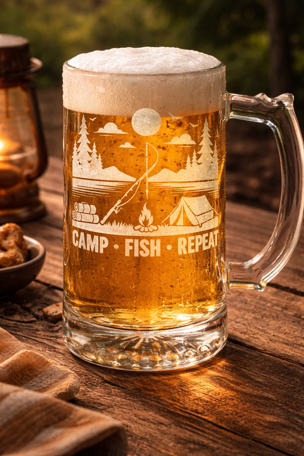 Glass beer mug with custom laser engraving